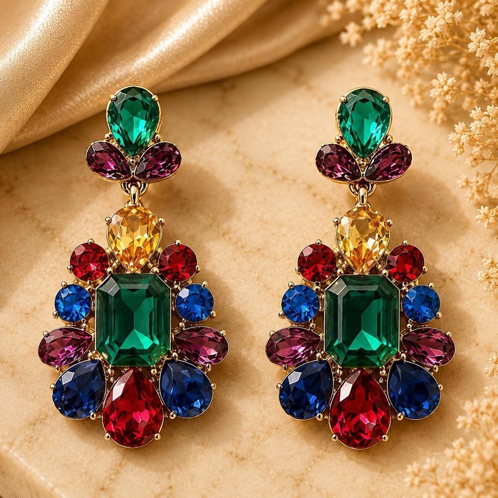 Vintage Y2K Monet Multicolor Crystal Statement Earrings Sample One of a Kind